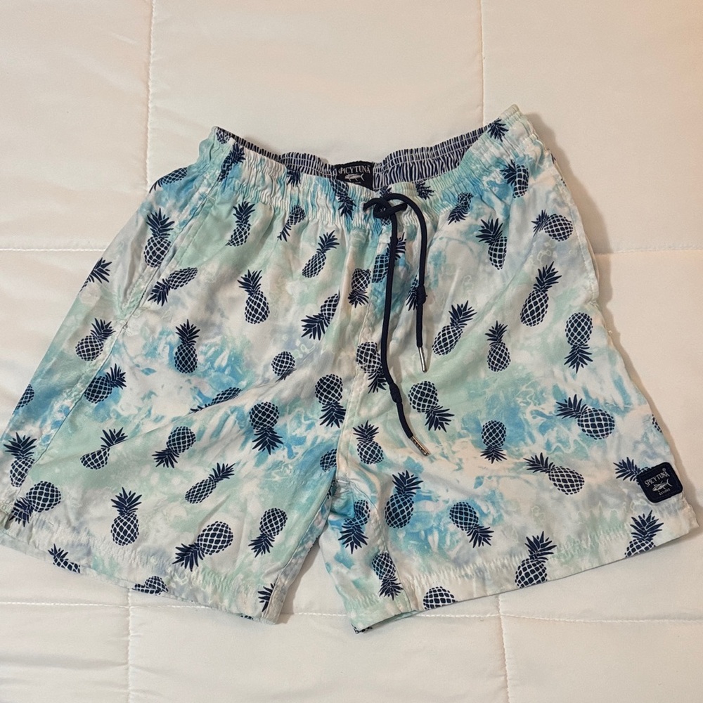 Men's Pineapple Print Swim Trunks - Light Aqua with Navy